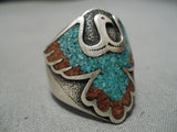Superior Vintage Native American Navajo Eagle Colorful Sterling Silver Turquoise Ring Old-Nativo Arts