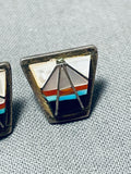 Very Unique Inlay Vintage Native American Zuni Turquoise Sterling Silver Earrings Old-Nativo Arts
