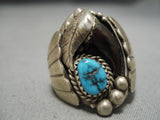 Huge Vintage Native American Navajo Old Kingman Turquoise Sterling Silver Ring Old-Nativo Arts