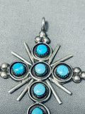 Gorgeous Vintage Native American Zuni Blue Gem Turquoise Sterling Silver Cross Pendant-Nativo Arts