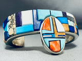 Smiling Kachina Very Rare Native American Navajo Turquoise Inlay Sterling Silver Bracelet-Nativo Arts
