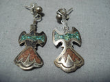 Amazing Vintage Native American Navajo Turquoise Chip Inlay Sterling Silver Bird Earrings Old-Nativo Arts