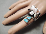 Important Goofy Native American Zuni Turquoise Sterling Silver Coral Ring-Nativo Arts