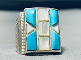 Huge Vintage Native American Navajo Turquoise Inlay Sterling Silver Ring-Nativo Arts
