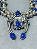 Astonishing Vintage Native American Navajo Lapis Sterling Silver Squash Blossom Necklace Signed-Nativo Arts