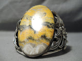 Colossal Bumble Bee Stone Native American Navajo Sterling Silver Leaves Bracelet Cuff-Nativo Arts