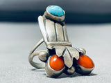 Rare Older Vintage Native American Navajo Domed Turquoise Coral Sterling Silver Ring Old-Nativo Arts