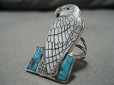 Important Native American Zuni Harlan Coonsis Bird Eagle Turquoise Sterling Silver Ring-Nativo Arts