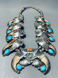 Authentic Vintage Native American Navajo Bear Turquoise Sterling Silver Squash Blossom Necklace-Nativo Arts