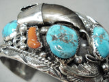 Signed Wide Native American Navajo Turquoise Coral Sterling Silver Leaf Bracelet-Nativo Arts