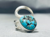 Unique Native American Navajo Kingman Turquoise Sterling Silver Ring Signed Del Secatero-Nativo Arts