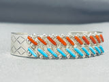 Brilliant Native American Navajo Turquoise And Coral Diagonals Sterling Silver Bracelet-Nativo Arts