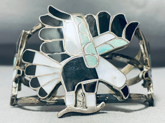 Flying Magnificent Eagle Vintage Native American Zuni Turquoise Sterling Silver Bracelet-Nativo Arts