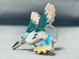 Superb Native American Zuni Signed Textured Inlay Turquoise Jet Sterling Silver Bird Ring-Nativo Arts