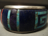 142 Gram Museum Vintage Navajo Turquoise Geometric Hvy Native American Jewelry Silver Bracelet Old-Nativo Arts
