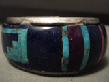 142 Gram Museum Vintage Navajo Turquoise Geometric Hvy Native American Jewelry Silver Bracelet Old-Nativo Arts