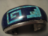 142 Gram Museum Vintage Navajo Turquoise Geometric Hvy Native American Jewelry Silver Bracelet Old-Nativo Arts