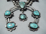 Huge Vintage Native American Navajo Diamond Turquoise Sterling Silver Squash Blossom Necklace-Nativo Arts