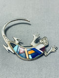 Native American Important Gecko Turquoise Inlay Sterling Silver Frank Yazzie Pin-Nativo Arts