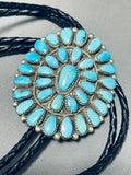 Brilliant Vintage Native American Navajo Signed Turquoise Cluster Sterling Silver Bolo-Nativo Arts