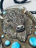 Big Buffalo Powerful Vintage Native American Navajo Turquoise Sterling Silver Bolo Tie-Nativo Arts