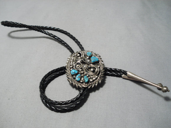 Astounding Vintage Native American Navajo Detailed Sterling Silver Leaf Turquoise Bolo Tie-Nativo Arts