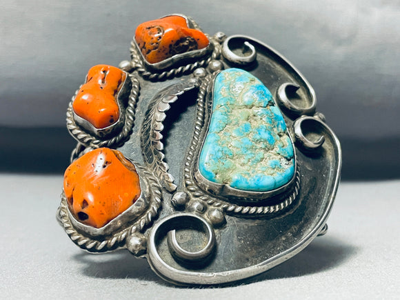 140 Gram Monster Vintage Native American Navajo Coral Turquoise Sterling Silver Bracelet-Nativo Arts