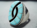 Dazzling Vintage Native American Zuni Blue Gem Turquoise Inlay Sterling Silver Ring-Nativo Arts