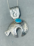 Fantastic Native American Navajo Blue Gem Turquoise Sterling Silver Bear Necklace-Nativo Arts