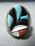 Geneva Terrazas Vintage Native American Zuni Turquoise Croal Sterling Silver Ring Old-Nativo Arts