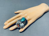 Gigantic Mens Native American Navajo Turquoise Coral Sterling Silver Leaf Ring-Nativo Arts