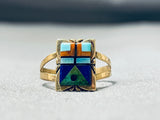 14k Gold Rare Signed Vintage Native American Navajo Turquoise Inlay Ring-Nativo Arts