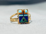 14k Gold Rare Signed Vintage Native American Navajo Turquoise Inlay Ring-Nativo Arts