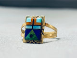 14k Gold Rare Signed Vintage Native American Navajo Turquoise Inlay Ring-Nativo Arts