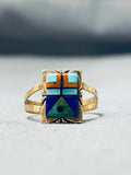 14k Gold Rare Signed Vintage Native American Navajo Turquoise Inlay Ring-Nativo Arts