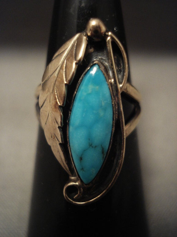 14k Gold Vintage Navajo Native American Jewelry jewelry Blue Diamond Turquoise Ring Old-Nativo Arts