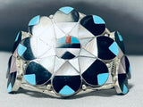 Extraordinary Native American Zuni Blue Gem Turquoise Sterling Silver Sunface Inlay Bracelet-Nativo Arts