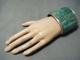 Native American Huge 140 Gram Green Turquoise Wide Inlay Sterling Silver Bracelet-Nativo Arts