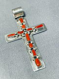 Stunning Native American Navajo Coral Sterling Silver Cross Pendant-Nativo Arts