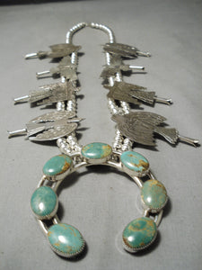 Highly Detailed Native American Navajo Green Turquoise Sterling Silver Squash Blossom Necklace-Nativo Arts