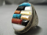 Native American Huge Men's Thick Sturdy Turquoise Coral Inlay Sterling Silver Ring Old-Nativo Arts