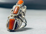 Dazzling Native American Navajo Coral Sterling Silver Ring-Nativo Arts