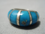 Intricate Vintage Native American Navajo Turquoise Inlay Sterling Silver Ring Old-Nativo Arts