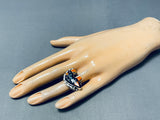 Fascinating Native American Navajo Signed Inlay Jet Coral Turquoise Bear Sterling Silver Ring-Nativo Arts