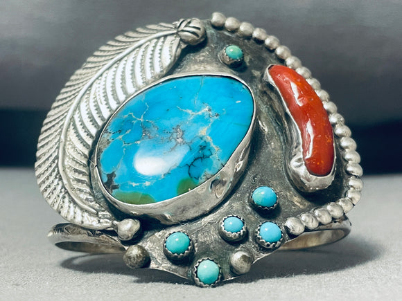 Museum Quality Vintage Native American Navajo Turquoise Coral Sterling Silver Bracelet Old-Nativo Arts
