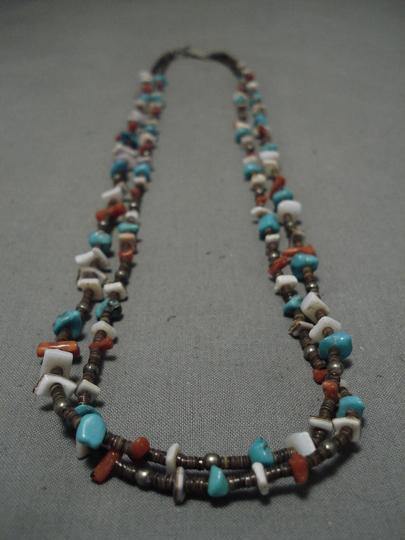 Rare Double Strand Vintage Native American Navajo Turquoise Coral Sterling Silver Necklace-Nativo Arts