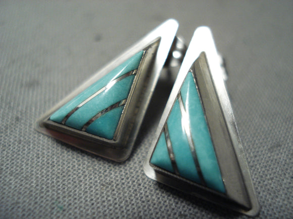 Intricate Triangle Vintage Native American Zuni Turquoise Sterling Silver Teepee Earrings-Nativo Arts