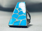 Fascinating Vintage Native American Zuni Signed Inlay Kingman Turquoise Sterling Silver Ring-Nativo Arts