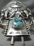 Huge Detailed Kachina Vintage Native American Navajo Turquoise Sterling Silver Bracelet Old-Nativo Arts