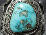 Hefty Thick Vintage Native American Navajo Turquoise Leaf Flank Sterling Silver Bracelet Old-Nativo Arts